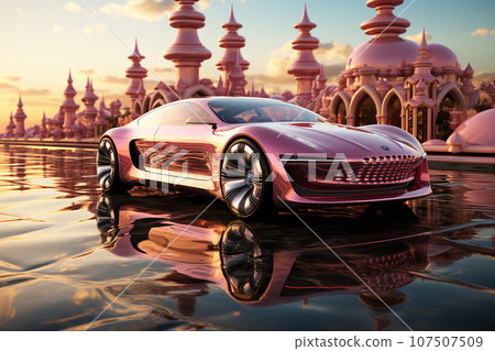A futuristic luxury car driving through a pastel city at very soft light pastel pink crystal day, futuristic, future tech, made of liquid pastel light metal.AI Generative 107507509