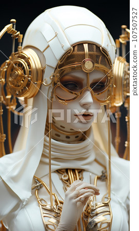 Translucent, sexy robot beautiful woman hybrid, photorealism, and golden Autumn background, AI Generative 107507527