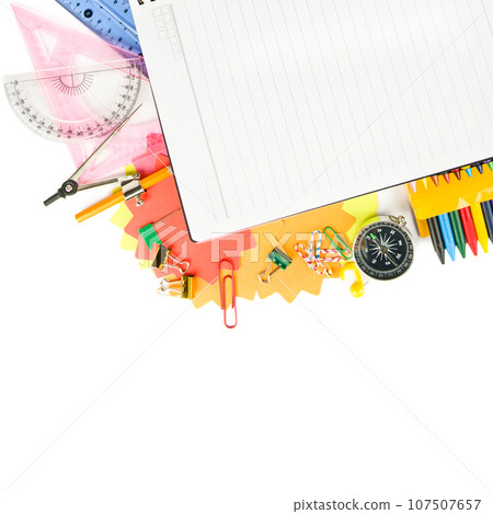 Set of school supplies isolated on white . Free space for text. Set of school supplies isolated on white . Free space for text. 107507657
