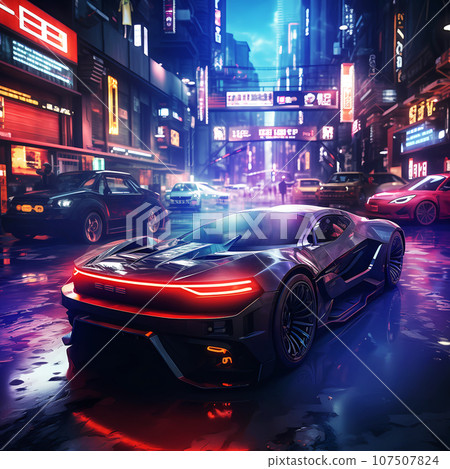 Epic Cyberpumk Sports Car Neon Retro Wave Style 107507824