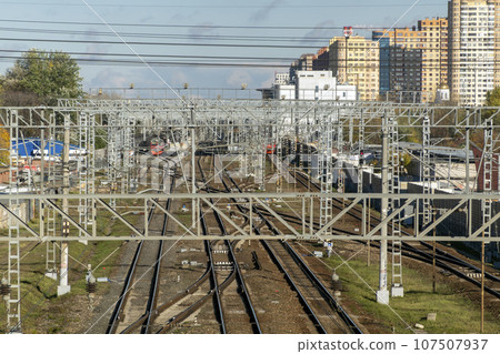 Railways high-speed train Swallow rides along the railway path Railways high-speed train Swallow rides along the railway path 107507937