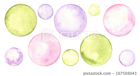 Set of translucent polka dots. Circle in soft pastel colors. Creative minimalist style. Splashes, bubbles, round doodle spots, brush strokes, stains. Watercolor illustration 107508043