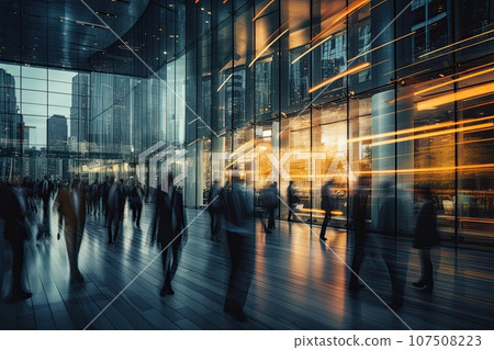 Blurred figures of business professionals strolling at an expo, conference, or within a contemporary hall. 107508223