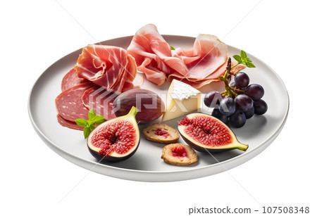Appetizer Charcuterie Board with fruits and cheese served on white plate, cut out on white background 107508348