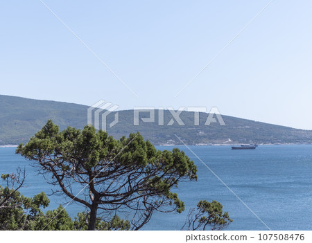 Black sea coast. bald mountain. Beautiful blue sea in Novorossiysk Black sea coast. bald mountain. Beautiful blue sea in Novorossiysk 107508476
