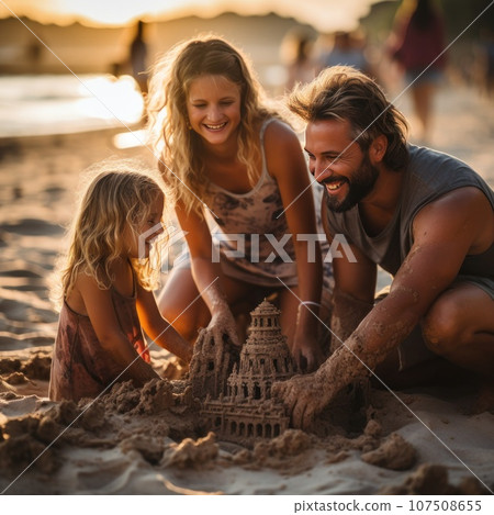 Happy parents and children building sandcastles on the beach 107508655