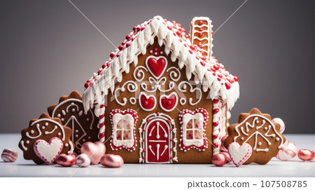 Festive gingerbread house with candy canes and icing decorations 107508785