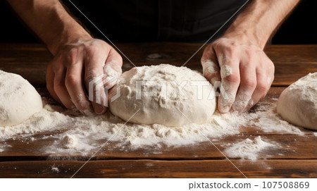 Flour-covered hands forming dough into perfect round shapes Flour-covered hands forming dough into perfect round shapes 107508869