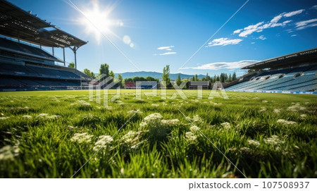 A soccer stadium with a lawn field A soccer stadium with a lawn field 107508937