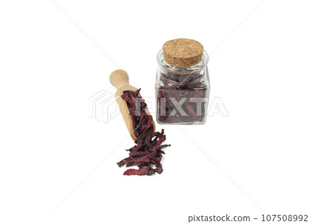 Dried beetroot slices in wooden scoop and glass jar isolated on white background. food ingredient. 107508992