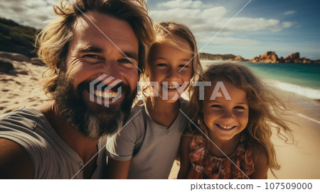 Excited family taking a group selfie on the shore Excited family taking a group selfie on the shore 107509000