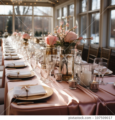 Elegant reception tables decorated with pink and gold accents 107509017