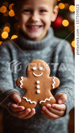 Child's hand holding a freshly baked gingerbread man cookie Child's hand holding a freshly baked gingerbread man cookie 107509028