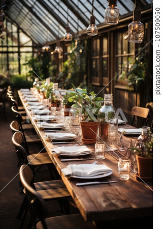 Rustic barn venue adorned with string lights and greenery Rustic barn venue adorned with string lights and greenery 107509050