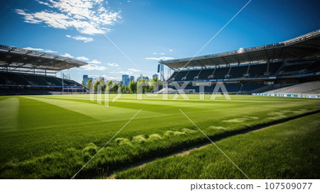A soccer stadium with a lawn field A soccer stadium with a lawn field 107509077