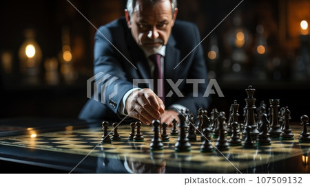A photograph featuring a businessman strategically moving a chess piece on a board game 107509132
