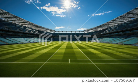 A soccer stadium with a lawn field A soccer stadium with a lawn field 107509167