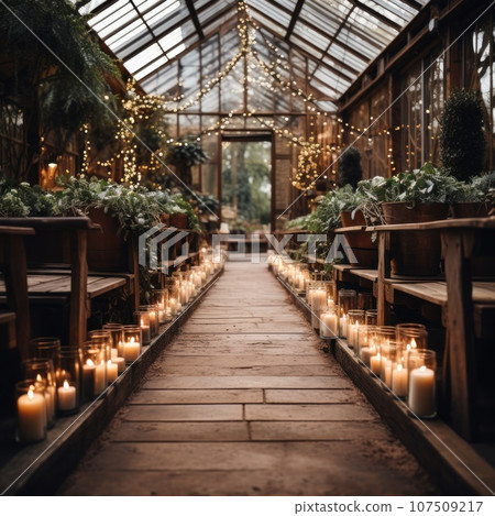 Rustic barn venue adorned with string lights and greenery Rustic barn venue adorned with string lights and greenery 107509217