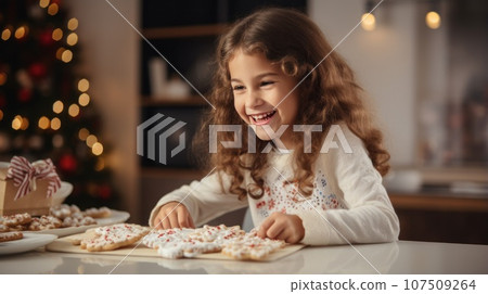 Cute little girl excitedly decorating snowman cookies with frosting 107509264