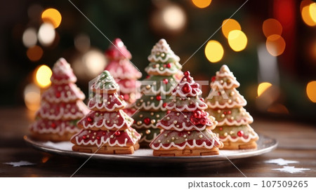 Colorful sugar cookies shaped like Christmas trees and reindeer 107509265