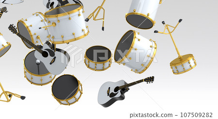 Many of flying acoustic guitars, drums with metal cymbals or drumset on white Many of flying acoustic guitars, drums with metal cymbals or drumset on white 107509282