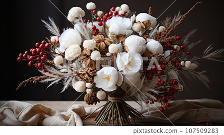 Rustic bouquet of pine branches berries and cotton stems Rustic bouquet of pine branches berries and cotton stems 107509283