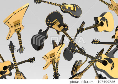 Many of flying acoustic guitars isolated on white background. Many of flying acoustic guitars isolated on white background. 107509286