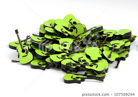 Heap of flying acoustic guitars isolated on white background. 107509294