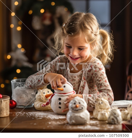 Cute little girl excitedly decorating snowman cookies with frosting 107509300