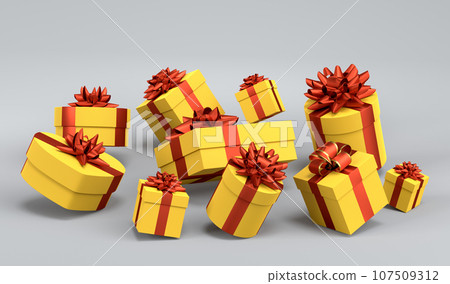 Gift boxes with ribbon and bow for Merry Christmas flying and falling on grey Gift boxes with ribbon and bow for Merry Christmas flying and falling on grey 107509312