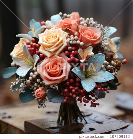 Colorful winter bouquet with roses lilies and berries Colorful winter bouquet with roses lilies and berries 107509313