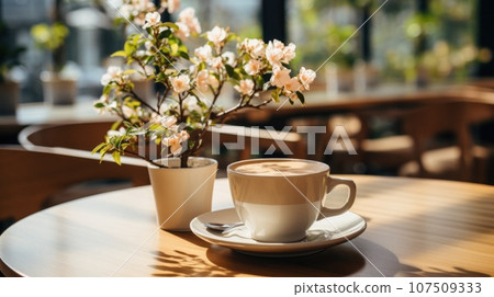 An Aesthetic Studio Coffee Shop Interior Featuring a Coffee Cup and Plant A coffee cup and plant on a table An Aesthetic Studio Coffee Shop Interior Featuring a Coffee Cup and Plant A coffee cup and plant on a table 107509333