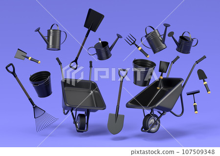 Garden wheelbarrow with garden tools like shovel, rake and fork on violet 107509348