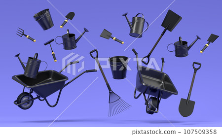 Garden wheelbarrow with garden tools like shovel, rake and fork on violet Garden wheelbarrow with garden tools like shovel, rake and fork on violet 107509358