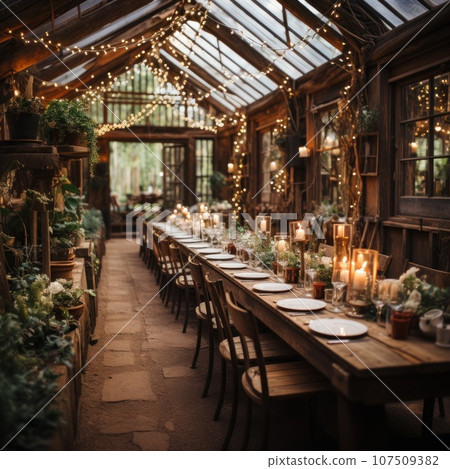 Rustic barn venue adorned with string lights and greenery Rustic barn venue adorned with string lights and greenery 107509382