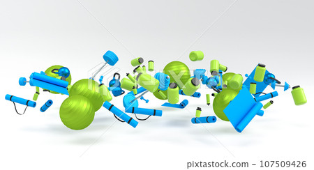 Flying and folling sport equipment like kettlebell, fitness ball and yoga mat Flying and folling sport equipment like kettlebell, fitness ball and yoga mat 107509426