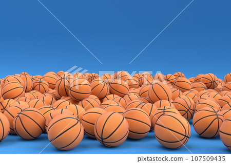 Many of flying orange basketball ball falling on blue background Many of flying orange basketball ball falling on blue background 107509435