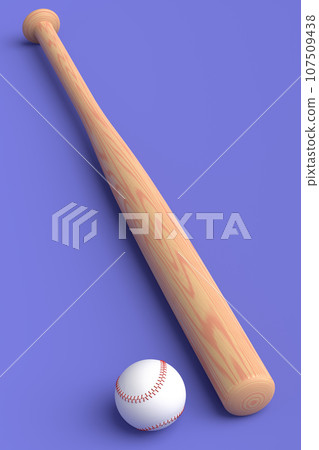 Wooden professional softball or baseball bat and ball on violet background 107509438