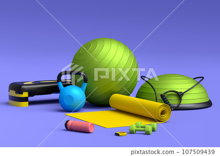 Isometric view of sport equipment like kettlebell, fitness ball and yoga mat 107509439