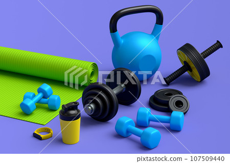 Isometric view of sport equipment like kettlebell, fitness ball and yoga mat 107509440