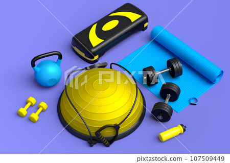 Isometric view of sport equipment like kettlebell, fitness ball and yoga mat 107509449