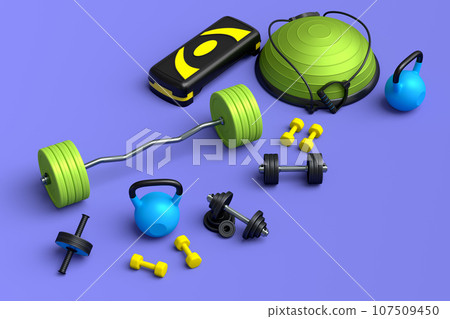 Isometric view of sport equipment like kettlebell, fitness ball and dumbbells 107509450