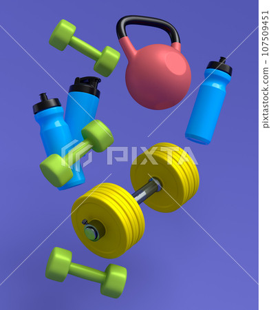 Flying sport equipment like kettlebell, fitness ball and dumbbells 107509451
