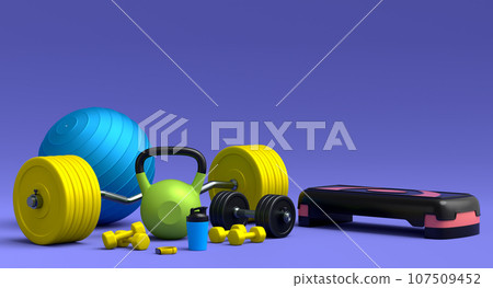 Isometric view of sport equipment like kettlebell, fitness ball and yoga mat Isometric view of sport equipment like kettlebell, fitness ball and yoga mat 107509452