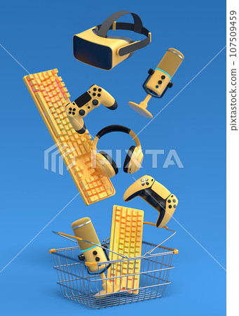 Gamer gears like mouse, keyboard, joystick, headset, VR, web camera in basket Gamer gears like mouse, keyboard, joystick, headset, VR, web camera in basket 107509459