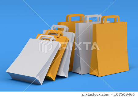 Shopping plastic basket for groceries with kraft paper bag on blue background. 107509466