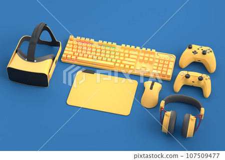 Top view gamer gears like joystick, keyboard, headphones and VR glasses Top view gamer gears like joystick, keyboard, headphones and VR glasses 107509477