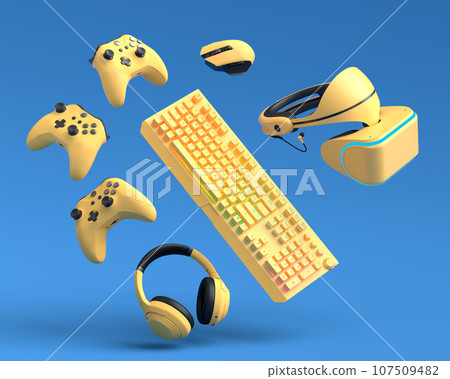 Top view gamer gears like joystick, keyboard, headphones and VR glasses Top view gamer gears like joystick, keyboard, headphones and VR glasses 107509482