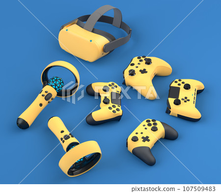 Top view virtual reality glasses and controllers for online gaming on blue Top view virtual reality glasses and controllers for online gaming on blue 107509483
