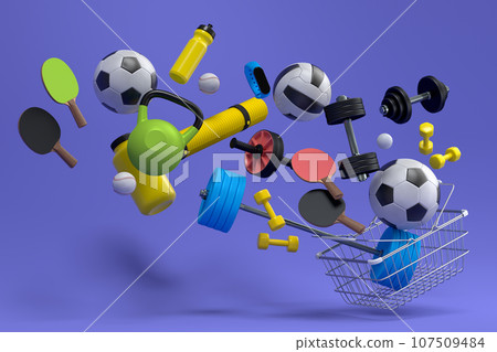 Sport equipment for fitness, gym, crossfit in shopping basket on violet 107509484